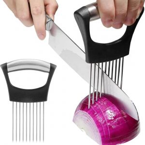 Stainless Steel Onion Slicer Holder With Protective Cover,Food Slicer Wizard,Lemon Slicer,Vegetable Cutter,For Potatoes,Meat,Onions,Vegetables - Neuf