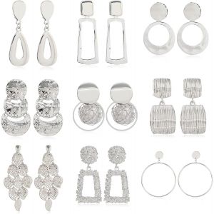Senior-9 Paires Boucles D'oreilles Pendantes Argent Femme, Carré Rondes Boucles D'oreilles Clips Oreilles Non Percées, Grosse Boucle D'oreille Longue Cadeau Femme Anniversaire[L338] - Neuf
