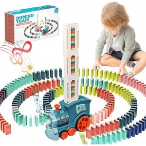 Domino Train Pour Enfants,100 Pièces De Automatiques Dominos De Pose Train Electrique Avec Son,Jeu D'Empilage De Blocs De Construction,Jouet Pour Garçons Et Filles De 3 Ans (Cyan) - Neuf