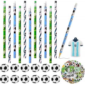 Checarzhn--No1-75 Pièces Kit Cadeau Anniversaire Foot,12 Bois Hb Football Crayon+12 Football Gomme+50 Stickers+1 Taille Crayon, Enfant Garçon Sacs Cadeaux De Fête De Football Thème Sport Fourniture F - Neuf