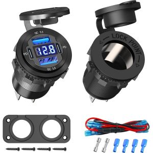 CMWX-Panneau de Prise Chargeur de Voiture 12V: 78W Aluminum 4 Port Double 30W PD & Double QC 3.0 USB 150 W Prise Allume Cigare avec Voltm&egrave;tre pour 12V/24V Bateau SUV Camion Caravane Marine - Neuf