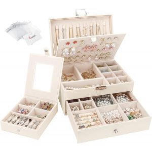 Subzonal-Bo&icirc;te &Agrave; Bijoux En Cuir Avec Tiroir, Coffret &Agrave; Bijoux 2 Couches Grande Capacit&eacute; Avec Bo&icirc;te De Voyage Portable, Rangement Bijoux Pour Bagues, Colliers, Bracelets, Beige - Neuf