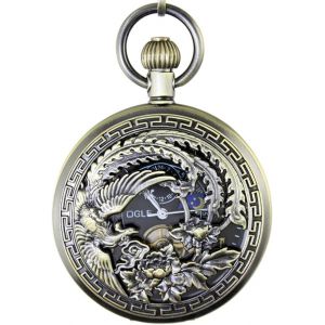 Imperméable Bronze Phoenix Noir Tourbillon Phases Lune Chaîne Fob Automatique Mécanique Montre De Poche - Neuf