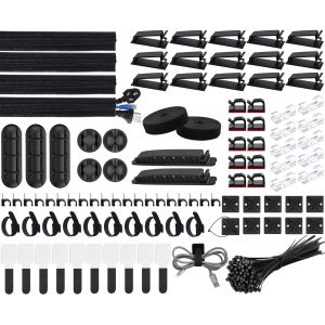 MEVRONISSHOP-200 Pi&egrave;ces Kit de Gestion des C&acirc;bles, 4 Manchon de C&acirc;ble Gaine, 3 Clips C&acirc;ble Organisateur Bureau, 10+2 Attache C&acirc;ble Organisateur Rallonge, 15 Clips C&acirc;bles Adh&eacute;sifs, 100 Serre C&acirc;bles - Neuf