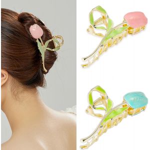 2 Grandes Pinces À Cheveux, Métal Fleur Pince À Cheveux De Femmes De Fleur Pinces À Cheveux, Des Tulipes Grande Pince À Cheveux Griffe De Cheveux Pince Crabe Pour Fille Femmes - Neuf