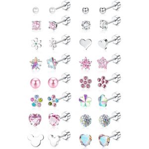 16 Paires Petites Boucles D'oreilles Pour Femmes Filles Acier Chirurgical Mignon Hypoallerg&eacute;niques Boucles D'oreilles Fleur Perles &Eacute;toile Cz Multicolore Vis Dos Boucles D'oreilles Ensemble - Neuf