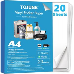 Papier Vinyl Autocollant Imprimable Pour Imprimante À Jet D'Encre, A4-21X29.7 Cm, Imperméable, Découpe Arbitraire, Support Adhésif (20 Feuilles) (Blanc Lisse) - Neuf