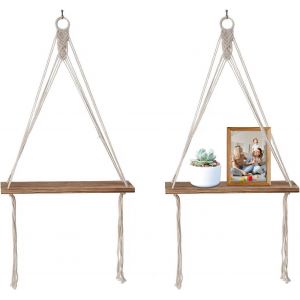 2 Pcs Bois Macramé Boheme Etagere Suspendue, Étagères Murales Flottantes en Macramé Style Bohème Rustique, Etagere Suspendue en Bois avec Corde Swin pour Chambre À Coucher, Chambre d'enfant,42 * 14cm - Neuf