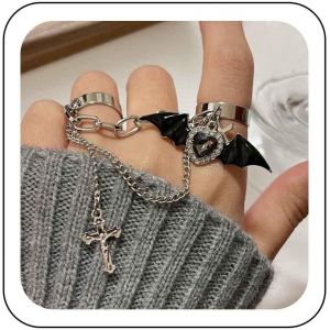 Kahfl-Bague Croix Gothique En Cristal Noir Bague Double Pour Doigt Avec Chaîne En Forme De Trombone Bague Croix Démon Bracelet Halloween Bijoux Fantaisie Pour Femmes - Neuf