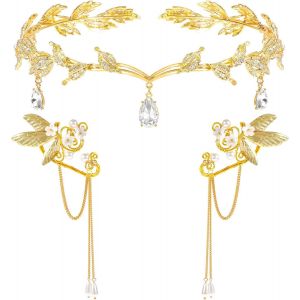 Kalvd-Elfe Boucles D'oreilles Diadème Pour Femme,Fée Elfe Cristal Feuille Boucles D'oreilles Clip Mariage Tiara Cristal Bijoux Cheveux Accessoire Pour Costume Elfe Halloween Cosplay Costume - Neuf