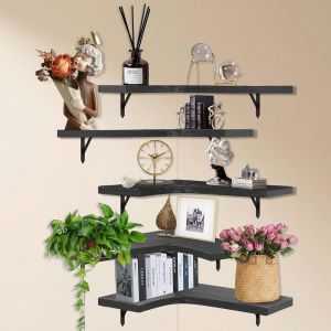 CAUC-Lot de 5 &eacute;tag&egrave;res murales d'angle flottantes en bois massif - 43 x 33 x 8 cm - Noir - Pour cuisine, salle de bain, chambre &agrave; coucher, salon - Neuf