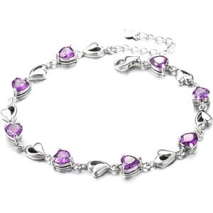 Swarovski Element Amethyst Red Pink Blue White Crystal Heart Silver Bracelet,For Women Girls. (Heart Amethyst)[H947] - Neuf