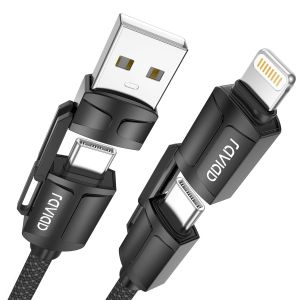 Thef-Câble Multi Usb, 4 En 1 Câble Universel [1m] Multi Usb Câble De Chargement En Nylon Avec Usb C/A Vers Lightning Ou Type C Pour Iphone 16/15, Galaxy S24/S23, Huawei, Honor - Noir - Neuf