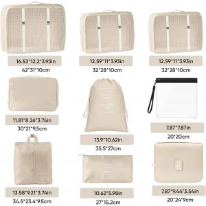 TIANYI-Lot de 9 organiseurs de valises avec compression, beiges, avec poches liquides, ensemble de cubes de rangement, organisateur de voyage pour valises, sacs à vêtements, cubes d'emballage avec tr - Neuf