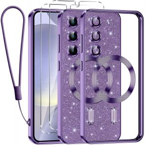 SJZG-Glitter Magn&eacute;tique Pour Samsung Galaxy S24 Plus 5G Con Cordon, [Compatible Avec Magsafe] Antichoc Brillant Paillet&eacute; Souple Couqe Pour Samsung S24 Plus 5G Avec 2 Pi&egrave;ces Verre Tremp&eacute; &Eacute;tui, Violet - Neuf