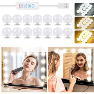 Kalanka-Lumi&egrave;re De Miroir, 14 Ampoules Hollywood Kit De Lumi&egrave;re Led Dimmable Lampe, Dimmable Lampe Pour Miroir Cosm&eacute;tique Salle De Bain 3 Couleurs 9 Niveaux De Luminosit&eacute;, Usb C&acirc;ble R&eacute;glable - Neuf
