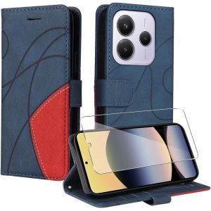 Kal-Coque Pour Xiaomi Redmi Note 14 5g¿Pas Pour 4g¿ Avec 1 Pièces Protection Écran En Verre Trempé, Couleur Combinaison (Bleu Et Rouge) Pu Cuir Flip Portefeuille Housse Étui Pour Xiaomi Redmi Note 14 - Neuf