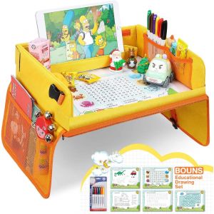 Eryi-Plateau Voiture, Plateau De Voyage Enfants Pour Siège Voiture Et Poussette Voyage Aérien Avec Sac De Rangement + 5 Papier À Dessin - Jaune Et Orange - Neuf