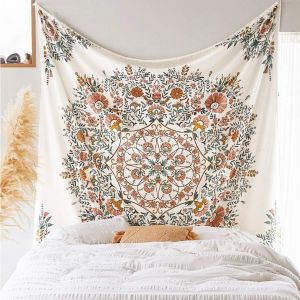 Tapisserie murale à fleurs mandala - Tapisserie hippie bohème blanche à motifs floraux pour décoration murale de chambre (M : 130 cm x 150 cm) - Neuf
