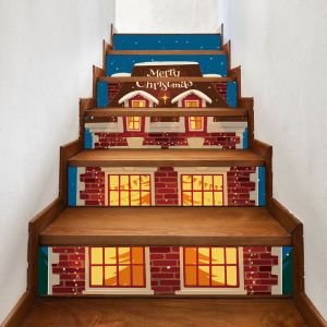 6 Pcs No&euml;l en 3D de l'Escalier des Autocollants, Un peu de Cabine de No&euml;l Elk des marches d'un Escalier D&eacute;calcomanies, Imperm&eacute;able &agrave; l'eau de la Famille D&eacute;cor Autocollants - Neuf