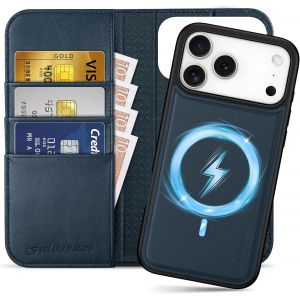 JGD-Étui Amovible 2 en 1 en Cuir Véritable pour iPhone 17 Pro Max 6,9"" 5G 2025, Coque Portefeuille Magnétique [Recharge sans Fil][Blocage RFID][Fonction Stand] Protection Anti-Choc - Bleu Marine - Neuf