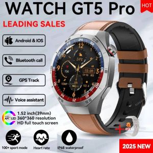 GT5 PRO GPS Tracker Ultra montre intelligente hommes montre 5 Pro AMOLED HD &eacute;cran fr&eacute;quence cardiaque Bluetooth appel &eacute;tanche SmartWatch 2025 nouveau,Cuir Marron - Neuf