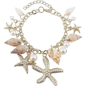 Bracelets Tendance Coquillages Et &Eacute;toiles De Mer, Bracelets &Agrave; Breloques En Fausses Perles, Bracelets En Perles De Coquillage Dor&eacute;es, Bijoux De Sir&egrave;ne Pour Femmes, Bracelet Hawa&iuml;en Ajustable - Neuf