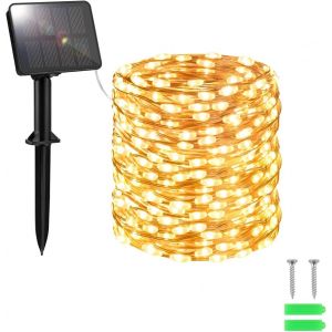 JGD-Guirlande lumineuse solaire d'ext&eacute;rieur - 100 LED - 10 m - R&eacute;sistante aux intemp&eacute;ries - 8 modes - Pour d&eacute;coration de jardin, terrasse - Blanc chaud - Neuf