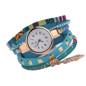 Duoya Femmes Feuille Pendentif Multicouche D&eacute;coration Bracelet Montre-Bracelet Robe Montre (Bleu Ciel) - Neuf