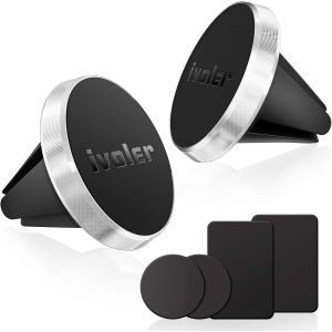 KALANKA-[Lot de 2 Support Telephone Voiture, Porte T&eacute;l&eacute;phone Magnetique Portable Grille Aeration Aimant Compatible pour Smartphone, avec 4 Plaques M&eacute;talliques &iquest; Argent - Neuf