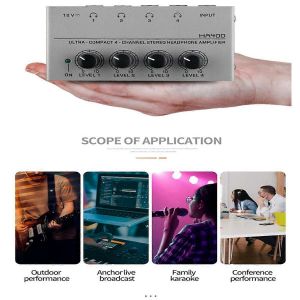 Amplificateur de casque avec c&acirc;ble audio,HA400 Amplificateur audio st&eacute;r&eacute;o en m&eacute;tal &agrave; 4 canaux,pour m&eacute;langeur de son PC - Neuf