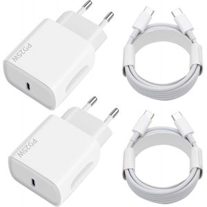 TRAHOO-Chargeur USB C 25W, 2-Pack Prise USB C Chargeur Rapide avec 2x2m C&acirc;ble USBC Rapide pour Samsung Galaxy iPhone Max Mini SE X XS XR iPad Huawei Xiaomi,Prise USBC - Neuf