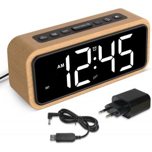 ERYI-Réveil Fort Pour Dormir Profond, Réveil En Bois Avec Affichage Led, 12 Sonneries D'Alarme, 5 Niveaux De Luminosité Réglables, 5 Volumes, Dst Manuel, Marron, Réveil Rétro Pour Chambre À Coucher ( - Neuf