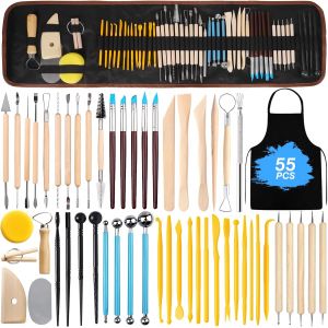 Mevronisshop-55 Pcs Outils De Sculpture,Outil Modelage Outil De Poterie Sculpture,Kit D'outils Poterie Avec Sac De Rangement Pour C&eacute;ramique,Pour Sculpture,Artiste Diy,Pour D&eacute;butants Ou Professionnels - Neuf
