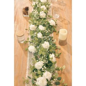 Guirlande d'eucalyptus artificiel de 1,80 m avec fleurs pour la d&eacute;coration de table de mariage - Neuf