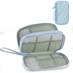 &Eacute;tanche Sac De C&acirc;ble De Voyage Grande Capacit&eacute; Antichoc, Organisateur Portable Double Couche Pour Accessoires &Eacute;lectroniques, Compact Pour Tech Gadgets, M, Pu Cuir - Bleu Clair - Neuf