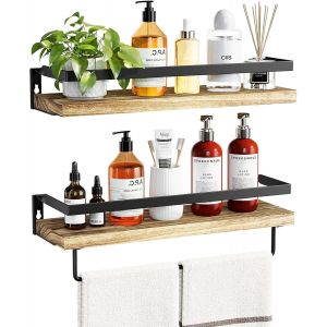 Eryi-Lot De 2 Étagères Murales Bois 40cm, Etagere Salle De Bain Avec Porte-Serviettes, Etagere Bois Pour Cuisine, Salle De Bain, Salon, Bureau - Neuf