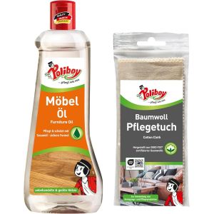 Poliboy Huile nourrissante pour meubles en bois - Huile pour bois incolore - 1 x 500 ml - Avec chiffon en coton - Fabriquée en Allemagne - Neuf