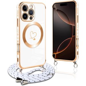 Eryi-Coque Magnétique Pour Iphone 16 Pro Con Cordon, Compatible Avec Magsafe, Silicone Housse Avec Motif Coeur D'amour Réglable Collier Lanyard, Antichoc Etui Pour Iphone 16 Pro 6.3"", Chaine-Blanc - Neuf