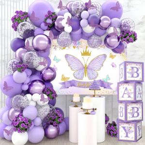 LETNERNY-121Pcs Boîte Baby Shower Papillon Violet, Boîte Baby Papillon Violet Avec Ballons Blanc Lavande Violet Et Toile De Fond, Ballon De Fête Papillon Pour Baby Shower, Décoration Fête Anniversair - Neuf