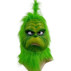 Masque vert Grinch avec fourrure vert pour Noël, cosplay, partie de latex - Accessoire mignon - Neuf
