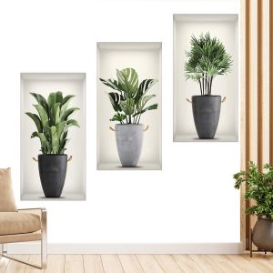 Kalanka-Sticker Muraux 3d Plante De Salon,Autocollant Mural Vase 3d,Sticker Mural De Plantes Vertes,Stickers Muraux En Vinyle 3d Diy Convient Pour Le Salon,La Chambre Et D'autres Endroits(3 Pièces) - Neuf
