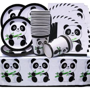 Lot De 61 Vaisselle De F&ecirc;te Panda - D&eacute;coration D'anniversaire - Assiettes,Tasses,Serviettes,Nappe,Pour Gar&ccedil;ons Et Filles - Th&egrave;me Panda - Neuf