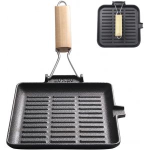 SUBZONAL-Po&ecirc;le &agrave; steak en fonte avec poign&eacute;e en bois pliable : 20 &times; 20 cm Grill Pan induction Po&ecirc;le carr&eacute;e pour tous les types de plaques de cuisson Facile &agrave; nettoyer - Neuf