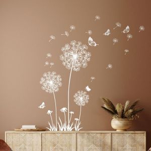 Stickers Muraux Pissenlit Autocollants Muraux Fleurs Blanc Amovible Papillons Stickers Mural Pour Salons Chambres Bureaux Canapé Fond Décoration Murale De La Maison - Neuf