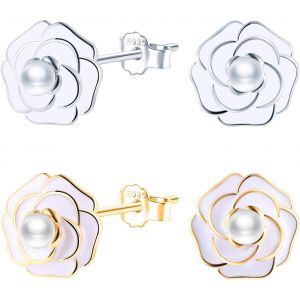 Kal-Argent 925/1000 Boucles D'oreilles Cam&eacute;lia Fleur Pour Femme Fille, Boucles D'oreilles &Agrave; Tiger Fleurs En &Eacute;mail Blanc Et Perle Clous D'oreilles Hypoallerg&eacute;niques Bijoux Femme - Neuf