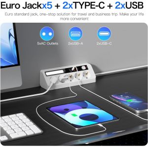 Multiprise de Table 5 Prises avec 4 Ports USB (PD35W+PD20W), Multiprise Parafoudre avec Lumière LED, Prise d'angle avec Interrupteur et Câble 1.8M pour Bureau, Maison (Blanc) - Neuf