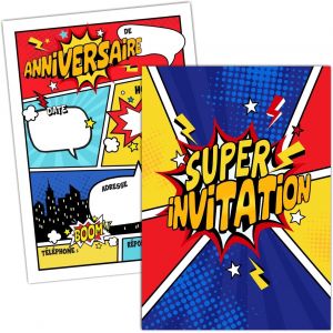 MEVRONISSHOP-10 cartes d'invitation anniversaire enfant th&egrave;me Super-h&eacute;ros | Comics BD | Super Invitation | Kit de 10 invitations avec enveloppes | Carton d'invitation f&ecirc;te d'anniversaire gar&ccedil;on super - Neuf