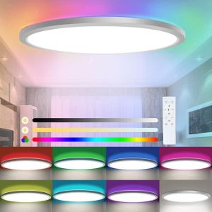24W LED Dimmable Lumière de Plafond avec Télécommande, 7 Changement de Couleur de RVB rétro-éclairage, 3200lm, 3000K/4000K/6500K, Ultra Mince, pour la Chambre à coucher, Salle de Séjour, Cuisine [Classe Énergétique D] - Neuf