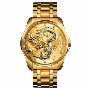 Montre Homme &Eacute;tanche Dor&eacute;e &Agrave; Motif Dragon Chinois 9193 - Neuf